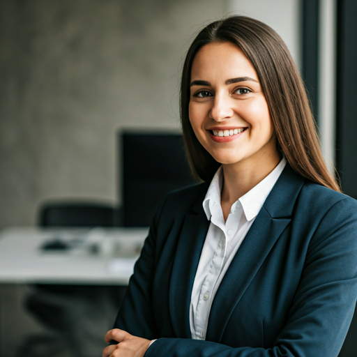 Professional woman in a modern office setting smiling warmly