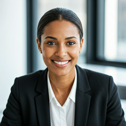 Professional woman in business setting smiling warmly